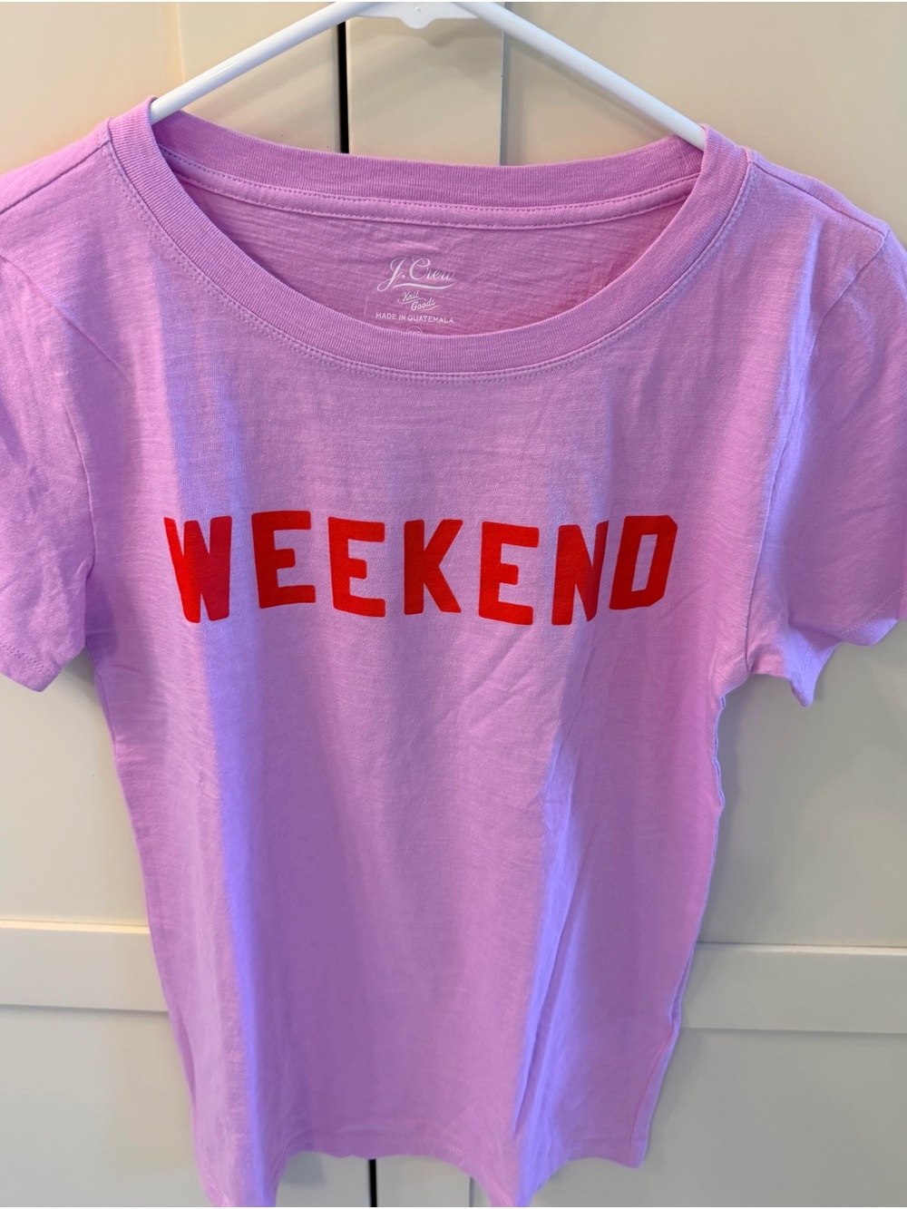 J. Crew Lavender Short Sleeve Tee with Red "WEEKEND" Graphic